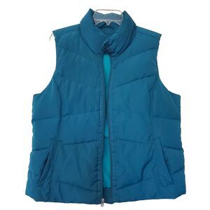 Lands End Down Puffer Vest Womens L 14-16 Green Full Zip Pocket Mock Neck Jacket